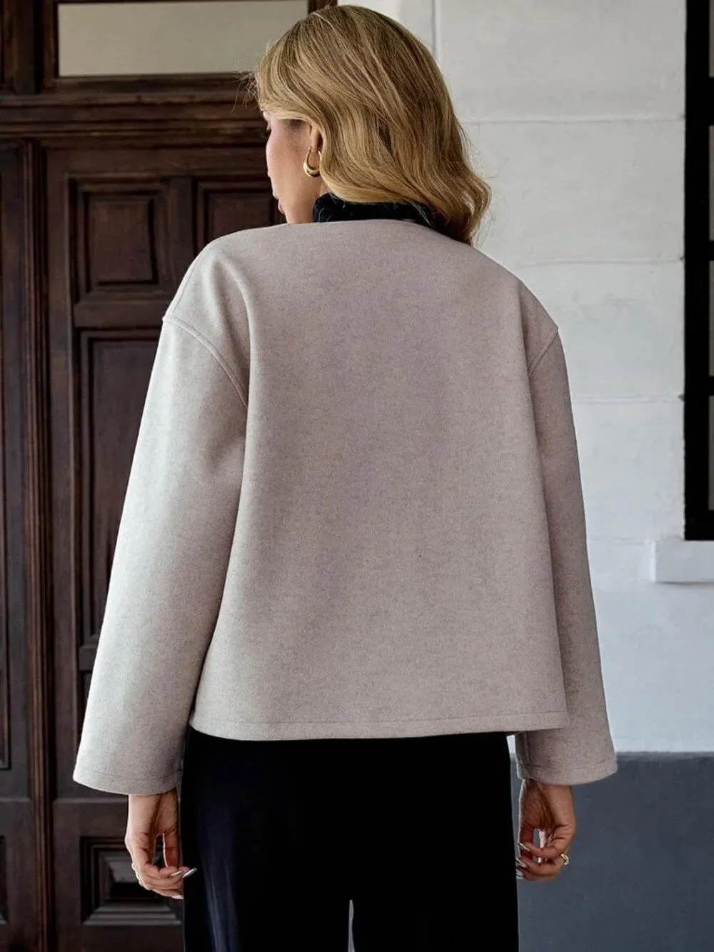 Women's Beige Wool Blend Cropped Collarless Long Sleeve Short Fall Pea Overcoat